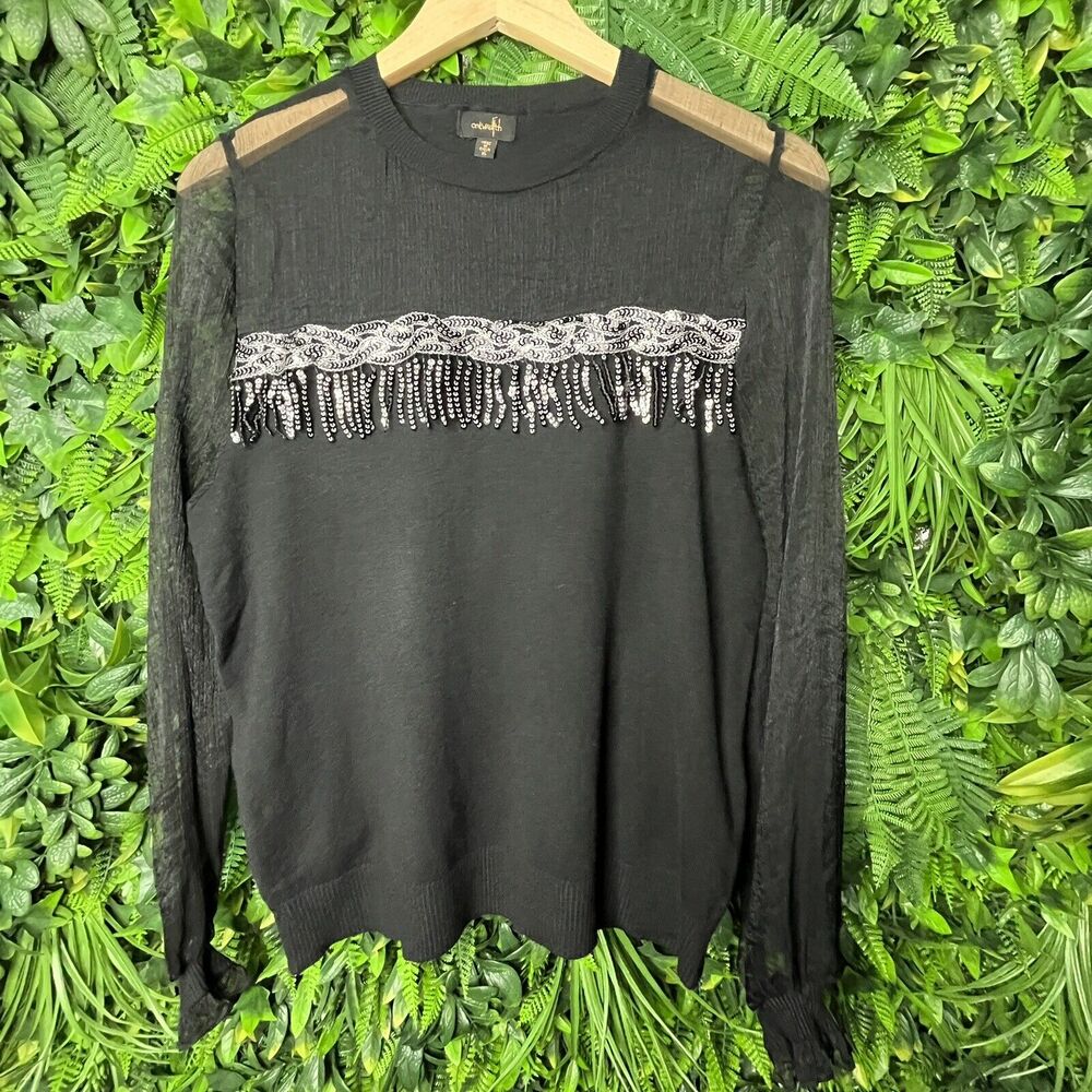 Ontwelfth Tops Women XL Black Sweater Blouse With Sequins Sheer Sleeve‎  0145 - Picture 11 of 13